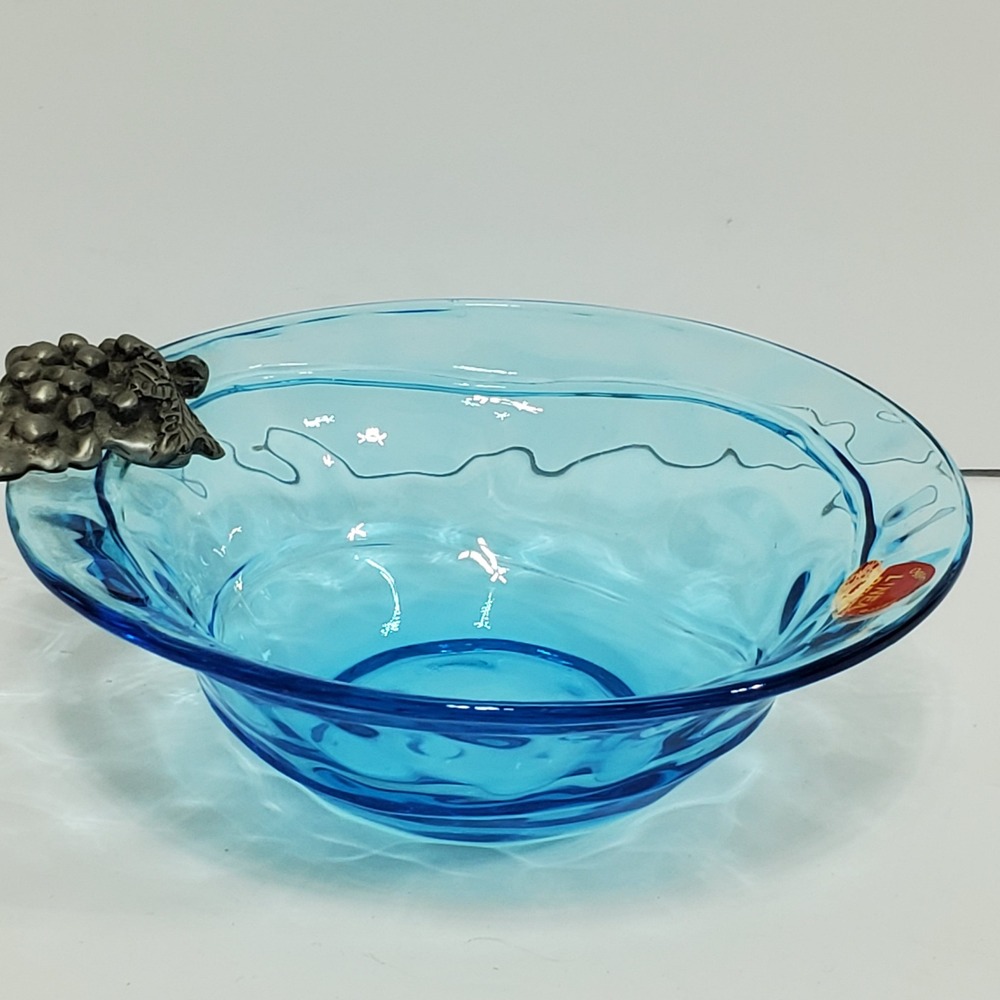 Linea Rena Oggeti in Vetro VTG Blue Glass Bowl Pewter Grape Cluster Dish Italy